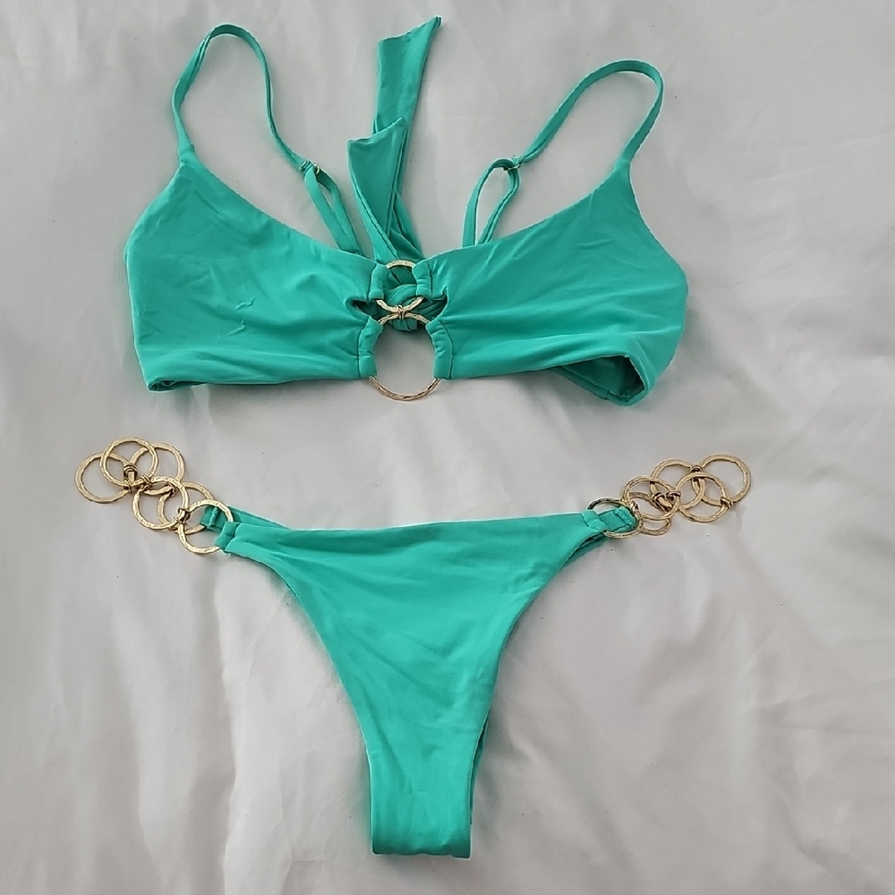 Beach Bunny Green and Gold Bikini Chain Details Medium Top Small Bottom